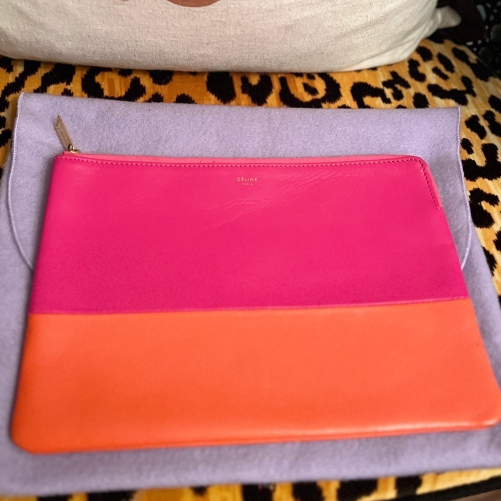 CELINE Clutch Hot Pink & Orange Color Blocking Soft Leather Pochette - Picture 12 of 13